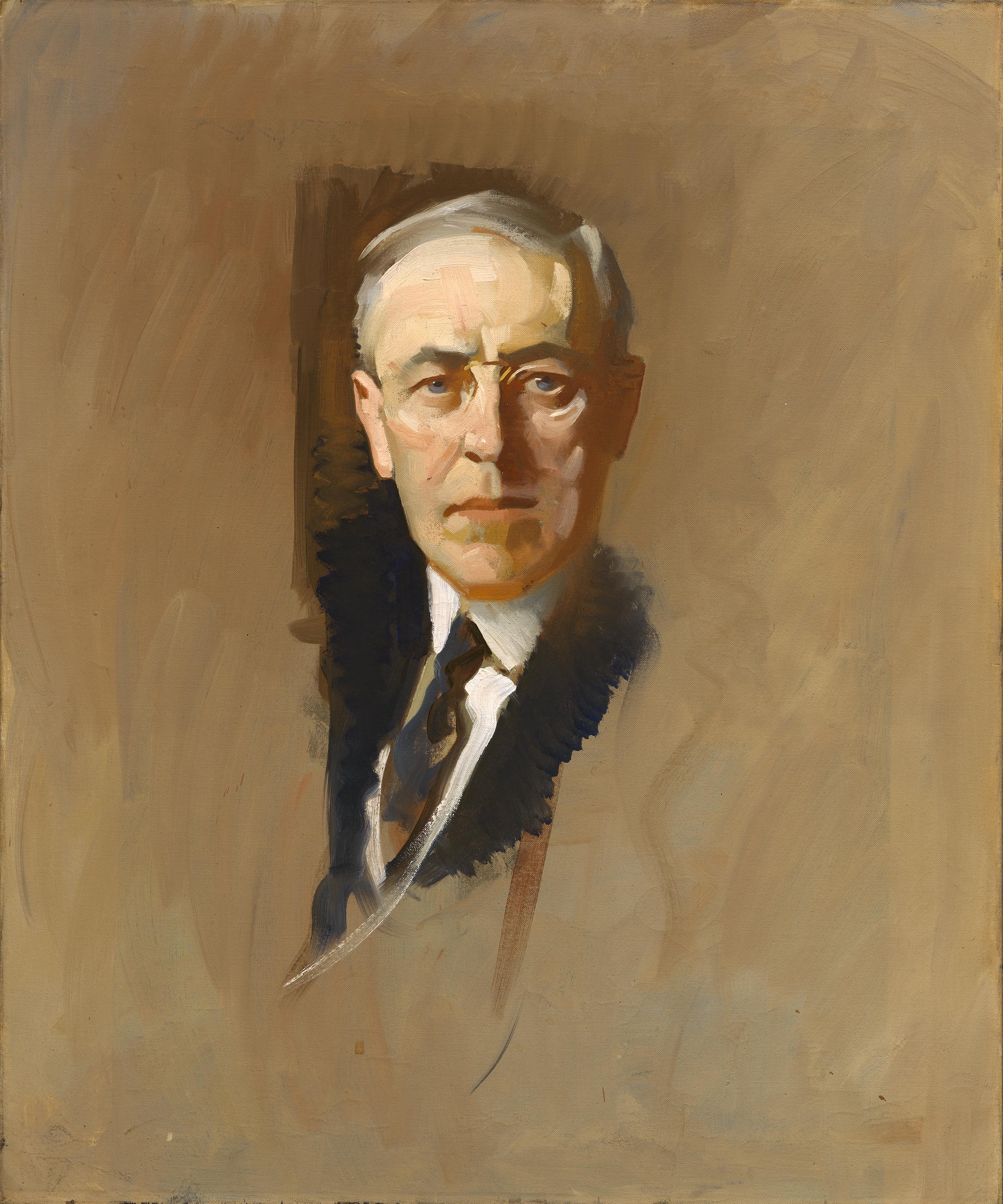 Bust-length oil sketch of a gray-haired man in a dark suit