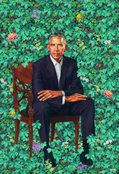 Painted portrait of Barack Obama, he sits in a chair, the background is flowers and foliage